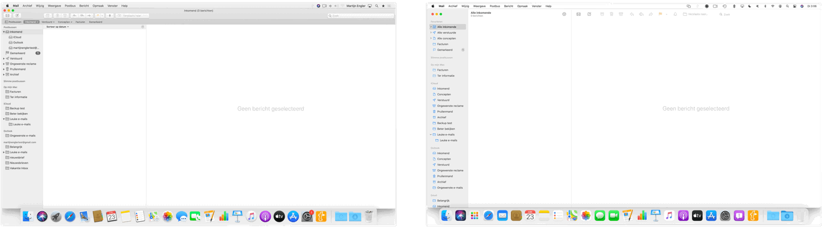 Je ziet hier dat de menubalk anders is, de iconen in het Dock anders zijn, en ook Mail heeft een andere uitstraling