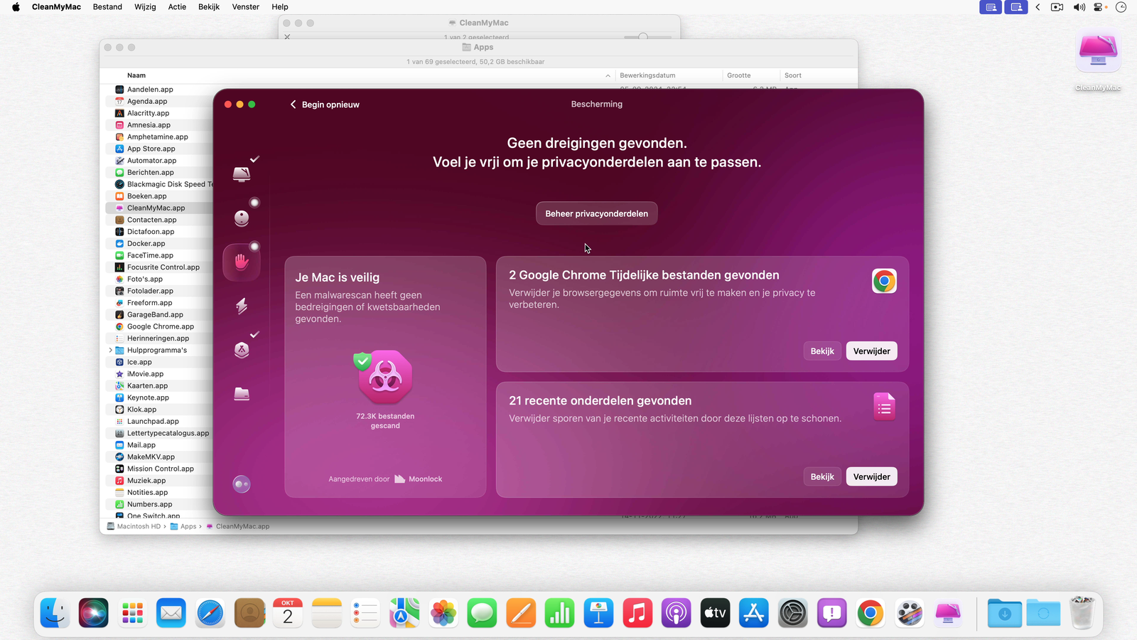 Veiligheid controleren met CleanMyMac laat hier zien dat er geen malware is