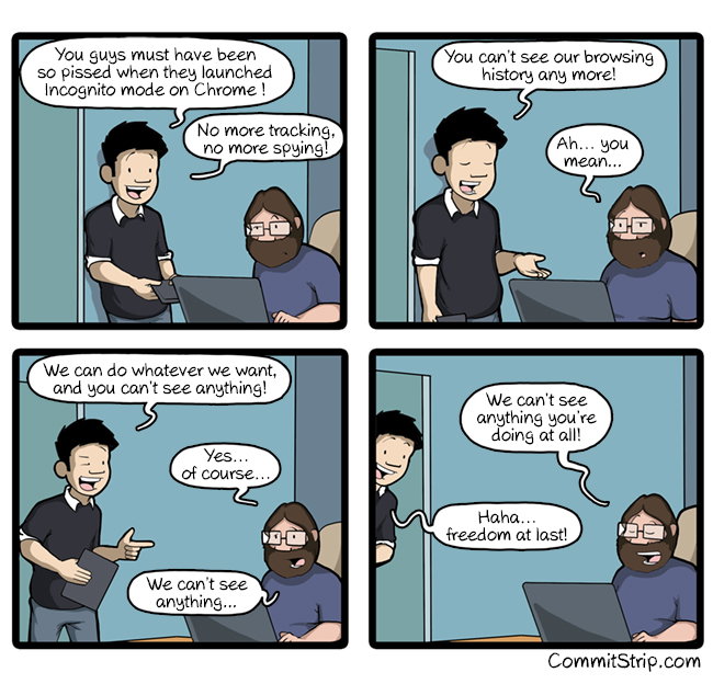Hoe privé is de privé modus? (Bron: CommitStrip)