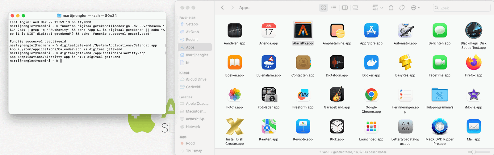 We zien hjier dat de Agenda app (Calendar) wel digitaal getekend is (logisch, van Apple), en de open source app Alacritty dat niet is — daar moet ik dus extra mee oppassen