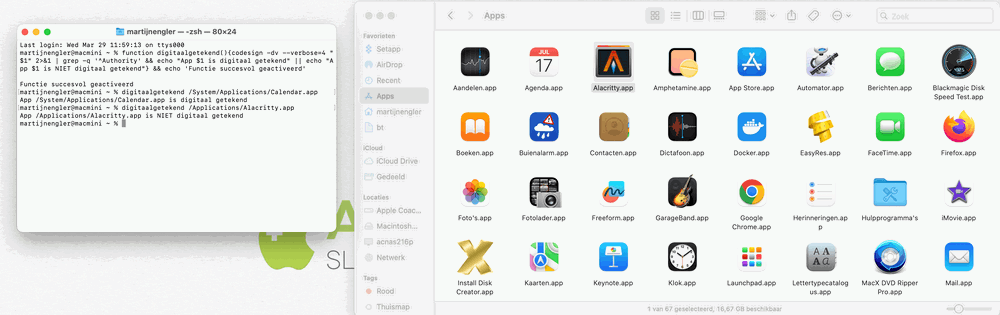 We zien hjier dat de Agenda app (Calendar) wel digitaal getekend is (logisch, van Apple), en de open source app Alacritty dat niet is — daar moet ik dus extra mee oppassen