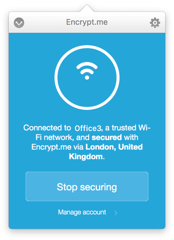 Encrypt.me laat je eenvoudig zien met welke server je verbonden bent, en op welk netwerk je momenteel zit