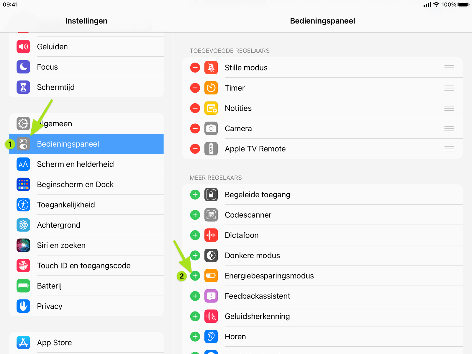 Voeg Energiebesparingsmodus eerst toe aan het Bedieningspaneel voor gebruik