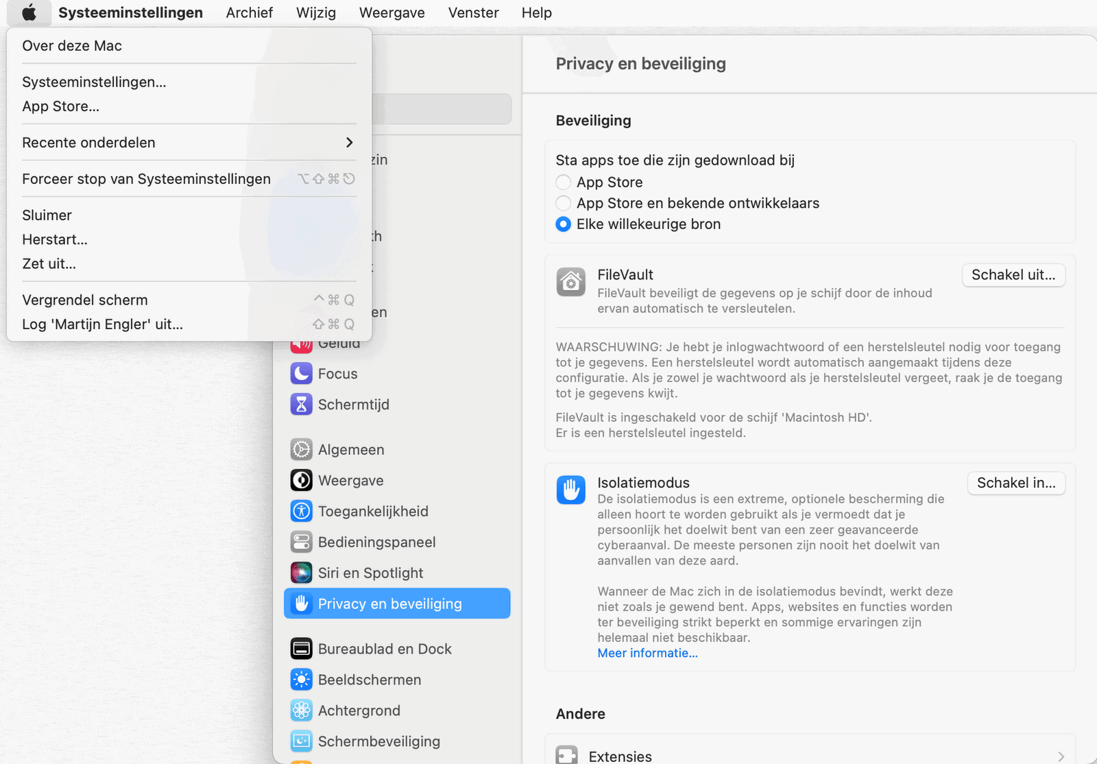 Zoek de Gatekeeper-instelling op in macOS Ventura; in deze afbeelding staat de instelling dus ONveilig
