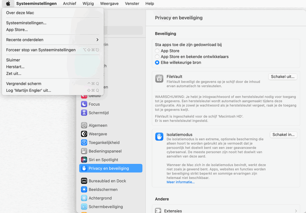Zoek de Gatekeeper-instelling op in macOS Ventura; in deze afbeelding staat de instelling dus ONveilig