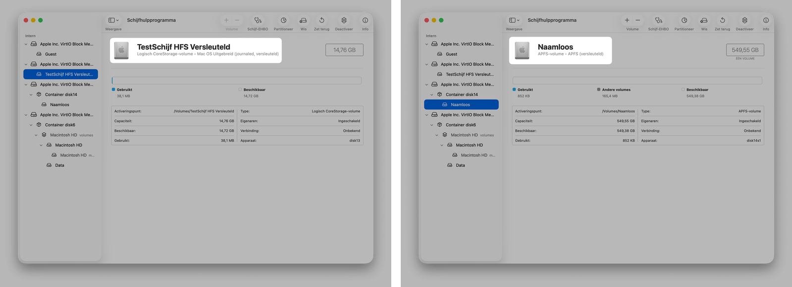 Links zien we macOS Uitgebreid en versleuteld, wat een probleem is. Rechts zien we ook versleuteld, maar APFS, wat betekent dat het gewoon blijft werken.