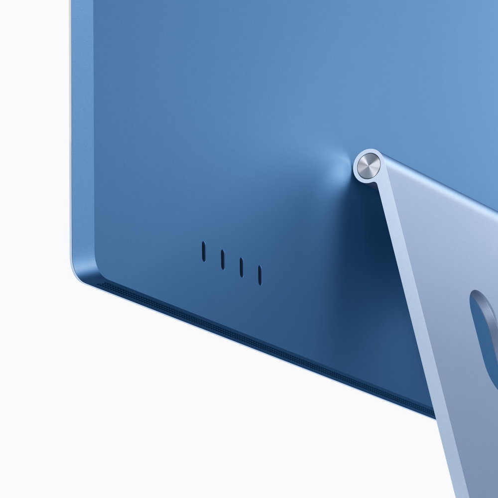Achterkant van een blauwe iMac met de USB-C-poorten naast de voet