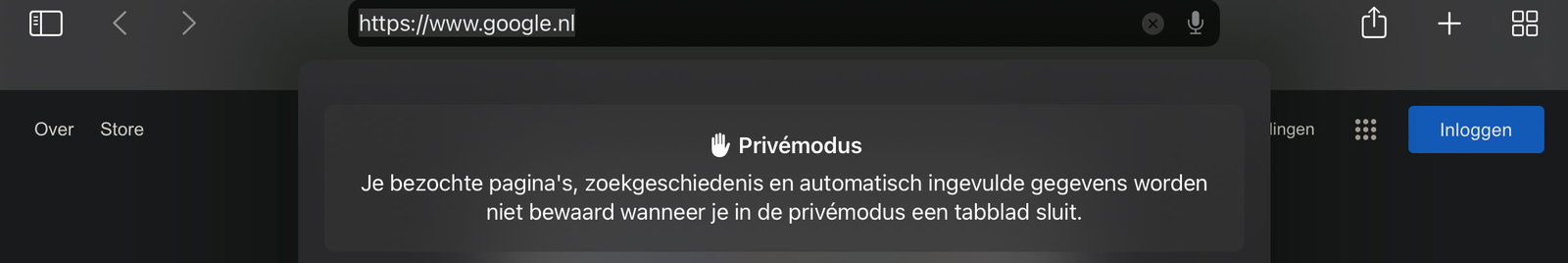 Hier staat duidelijk aangegeven dat we nu in privé modus zitten, en wat de effecten zijn