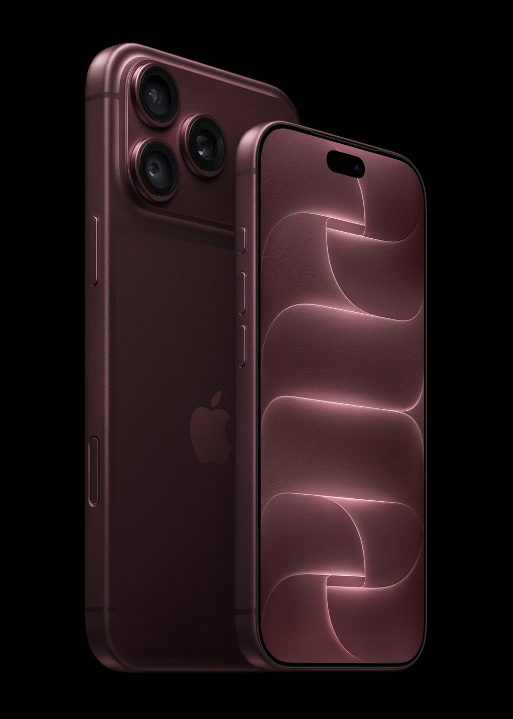 Bordeauxrode iPhone 18 Pro van voren en van achteren tegen een zwarte achtergrond