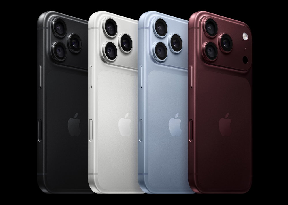 Vier iPhone 18 Pro-modellen van achteren in zwart, wit, lichtblauw en bordeauxrood