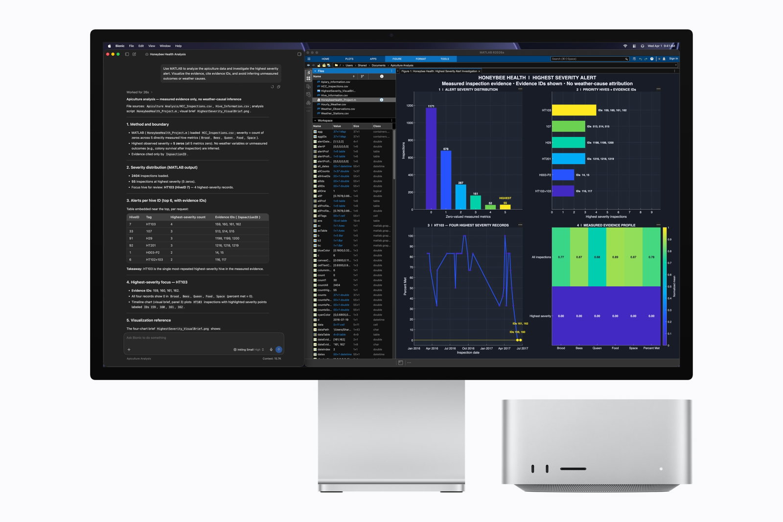 Een LLM (AI) draait lokaal op de Mac Studio in LM Studio Bionic, en wordt gebruikt voor complexe berekeningen in MATLAB. Dit zijn zeer geavanceerde taken, die de Mac Studio met het vele werkgeheugen aan kan