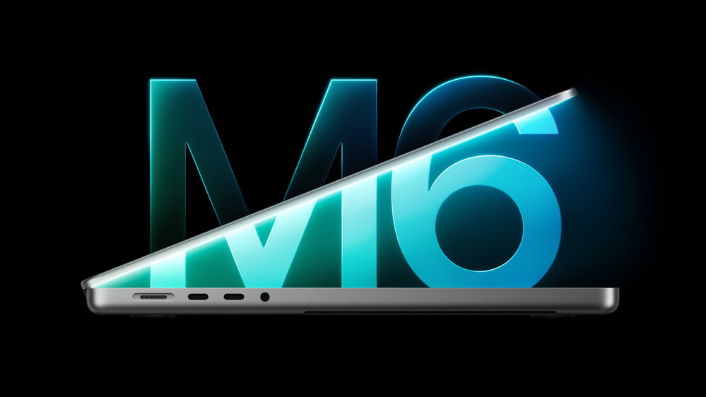 De 14-inch MacBook Pro met M6, van opzij gezien.