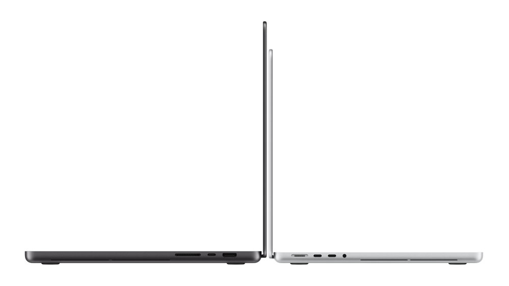 De MacBook Pro met PROLED XDR-display van opzij, in spacezwart en zilver.