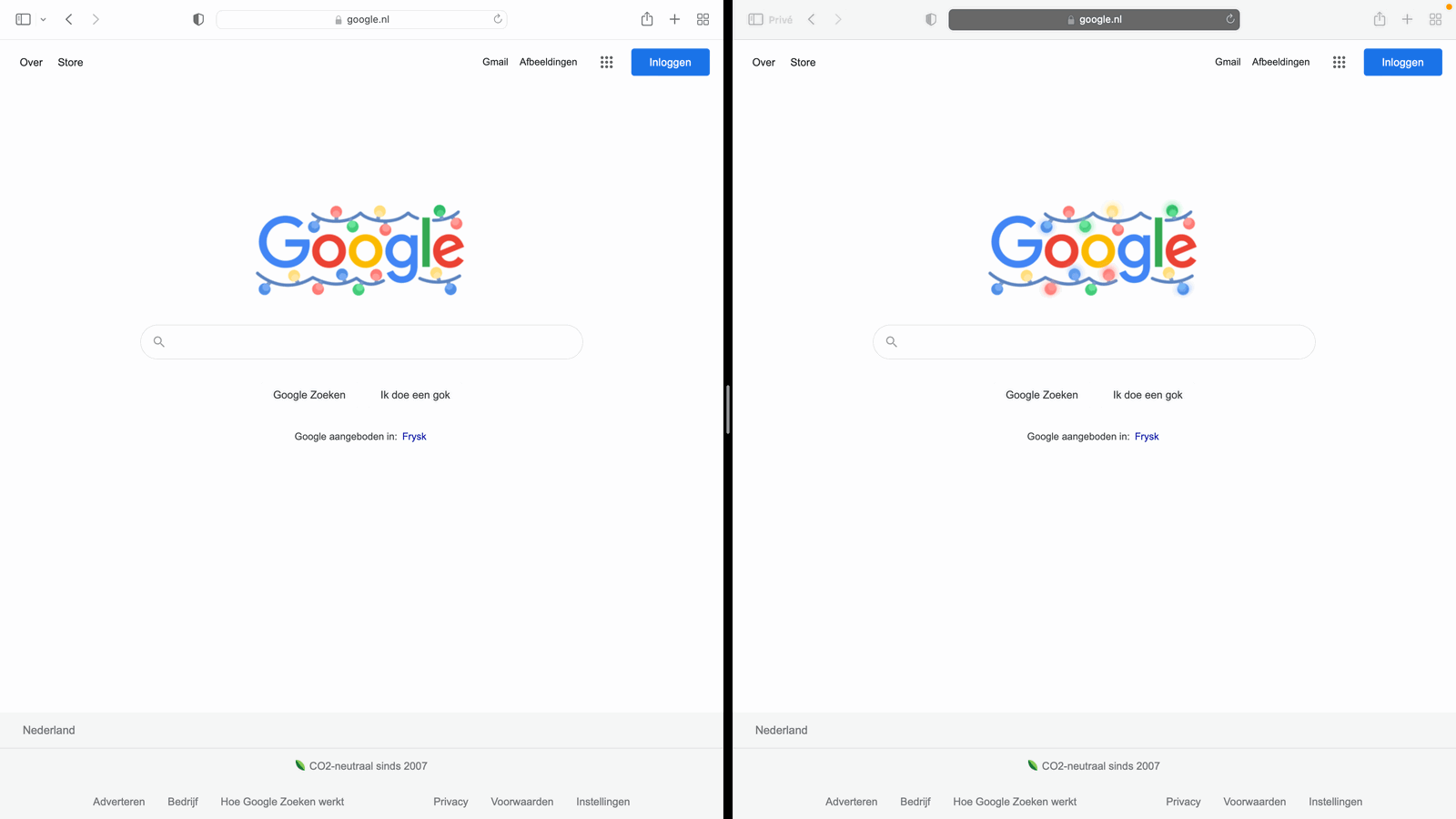 Links: normale modus, rechts: privé modus