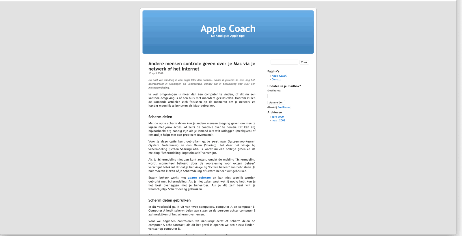 Het originele screenshot artikel op de Apple Coach website