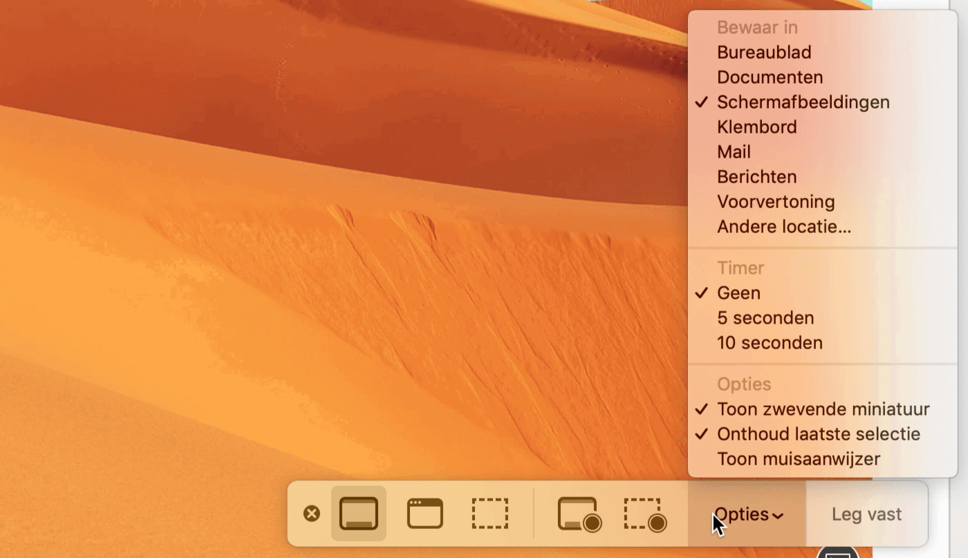 Wanneer je de toetsencombinatie cmd (⌘) + shift (⇧) + 5 gebruikt krijg je meerdere opties om je schermafbeelding te maken