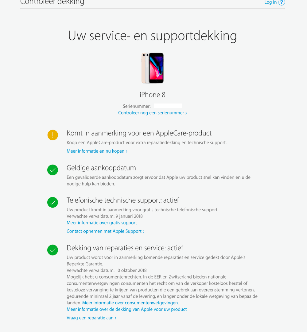 iPhone met de mogelijkheid om AppleCare aan te schaffen