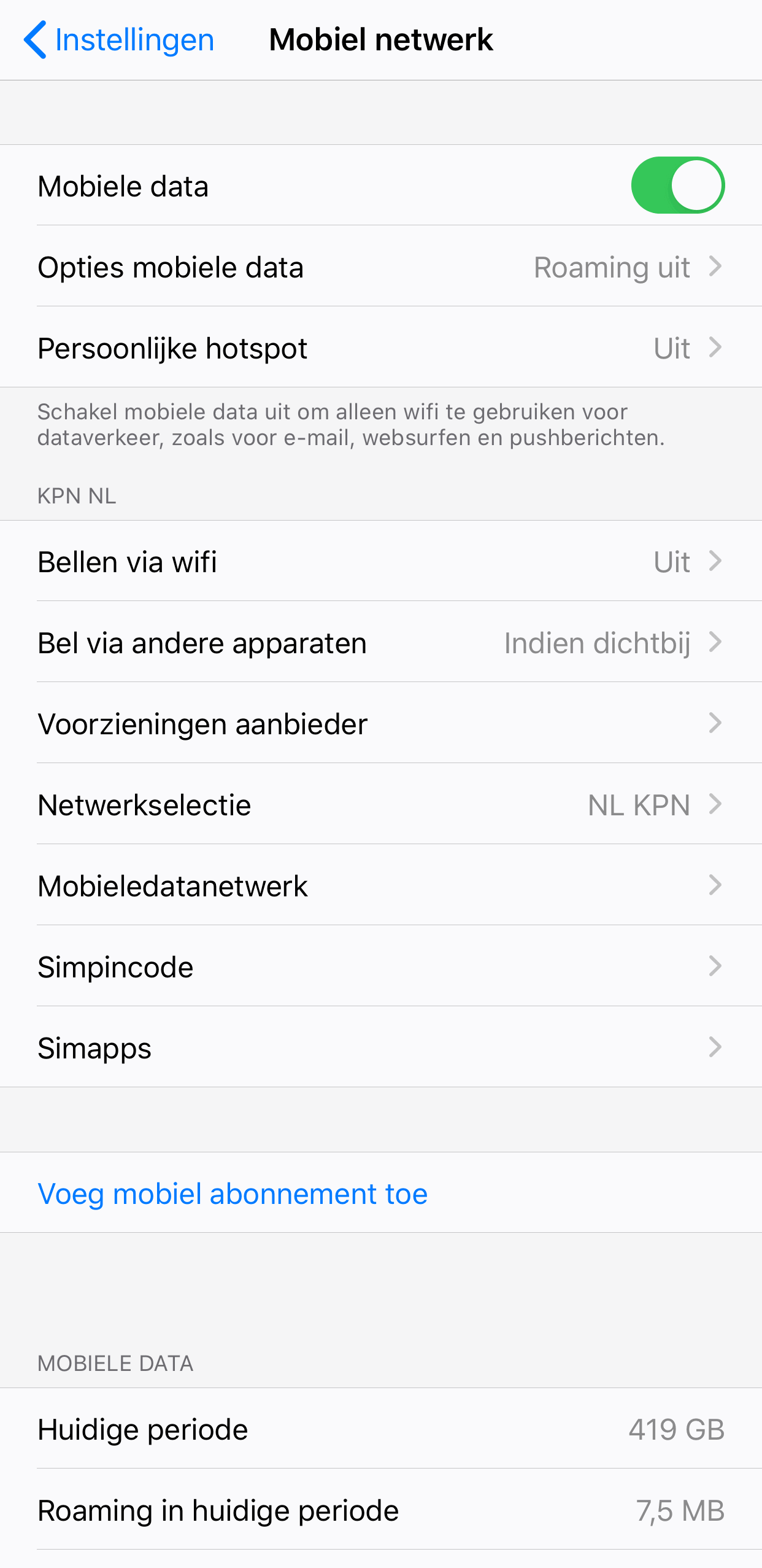 In de instellingen app zie je je dataverbruik, en verschillende opties voor je mobiele data
