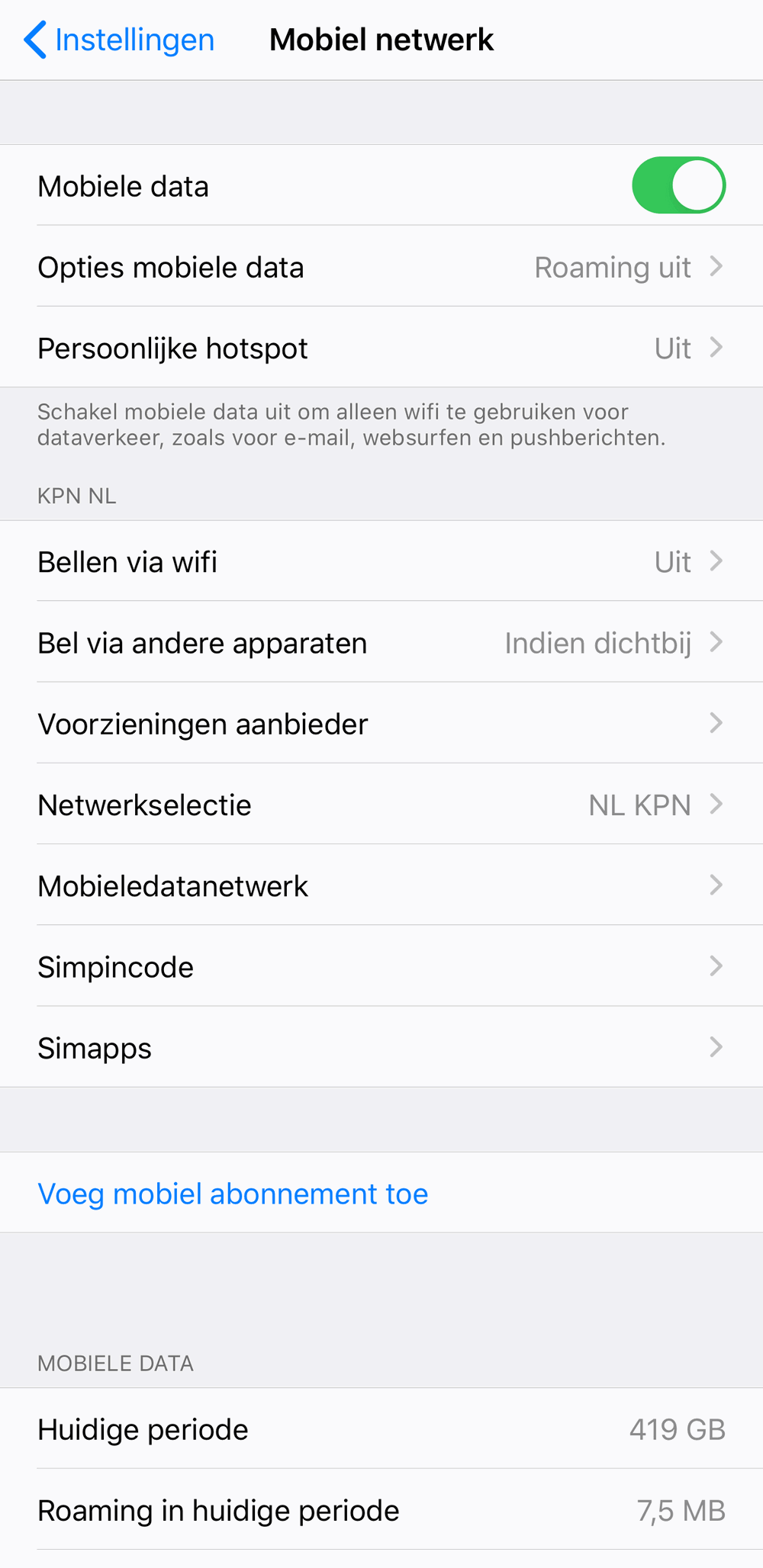 In de instellingen app zie je je dataverbruik, en verschillende opties voor je mobiele data