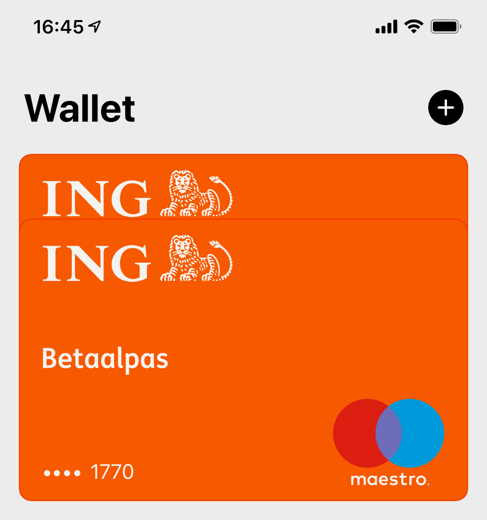 Twee ING-passen overlappen elkaar in de Wallet-app