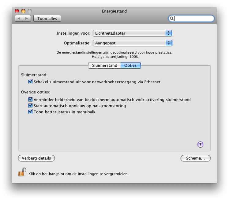 Opties energiestand MacBook pro