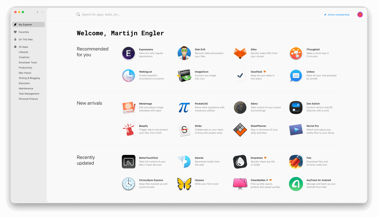 Het Setapp thuisscherm raad je ook nieuwe apps aan