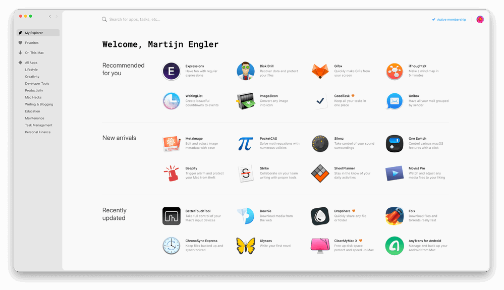Het Setapp thuisscherm raad je ook nieuwe apps aan