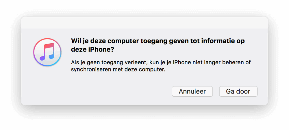 iTunes (op de computer) geeft ook aan dat het alleen bij de gegevens kan nadat je toestemming geeft op de iPhone