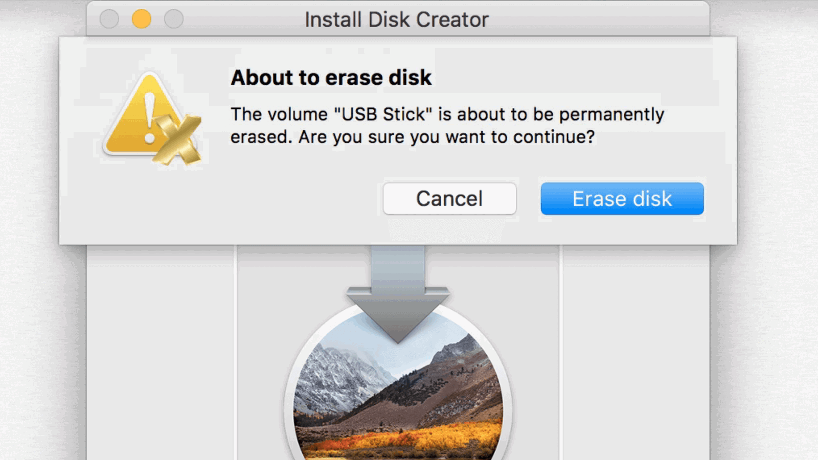 Install Disk Creator waarschuwt je ook nog een keer: de installatie-schijf wordt volledig gewist