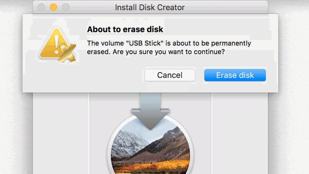Install Disk Creator waarschuwt je ook nog een keer: de installatie-schijf wordt volledig gewist