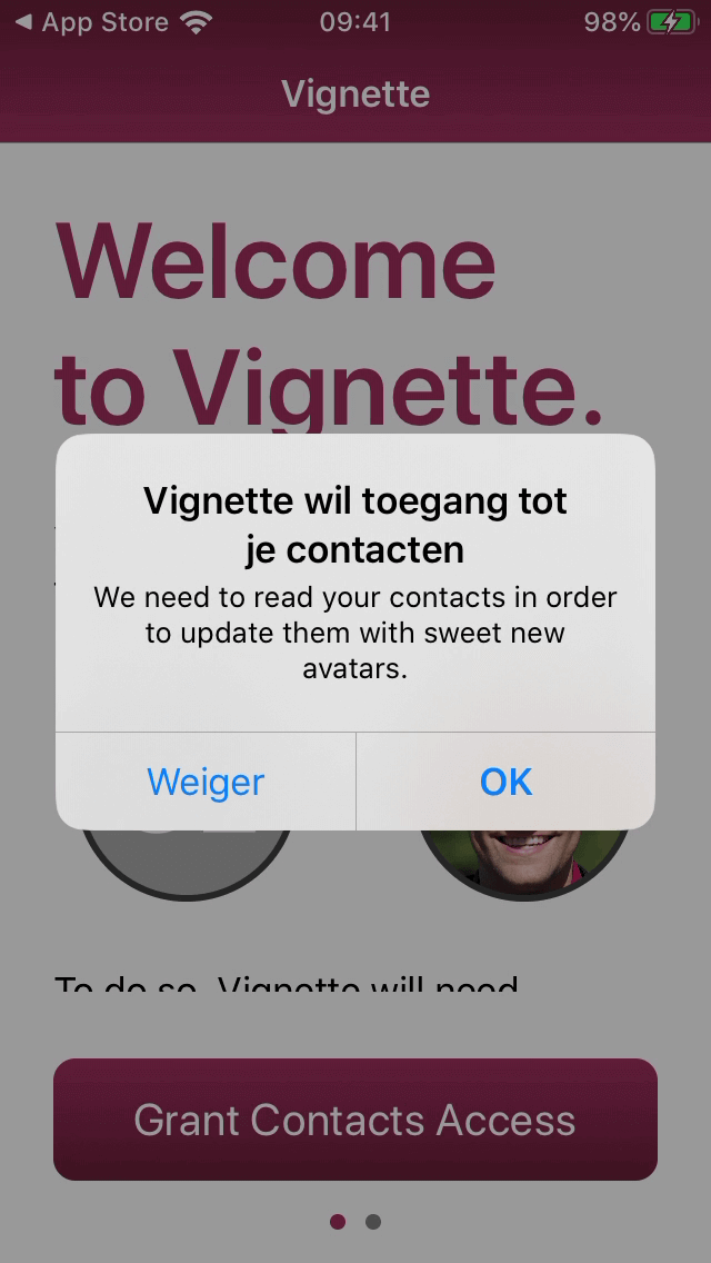Vignette heeft uiteraard wel toegang nodig tot je contactpersonen, om de foto's te kunnen vinden en opslaan