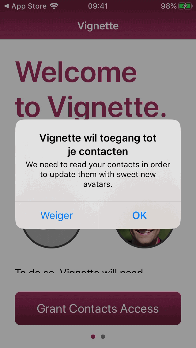 Vignette heeft uiteraard wel toegang nodig tot je contactpersonen, om de foto's te kunnen vinden en opslaan