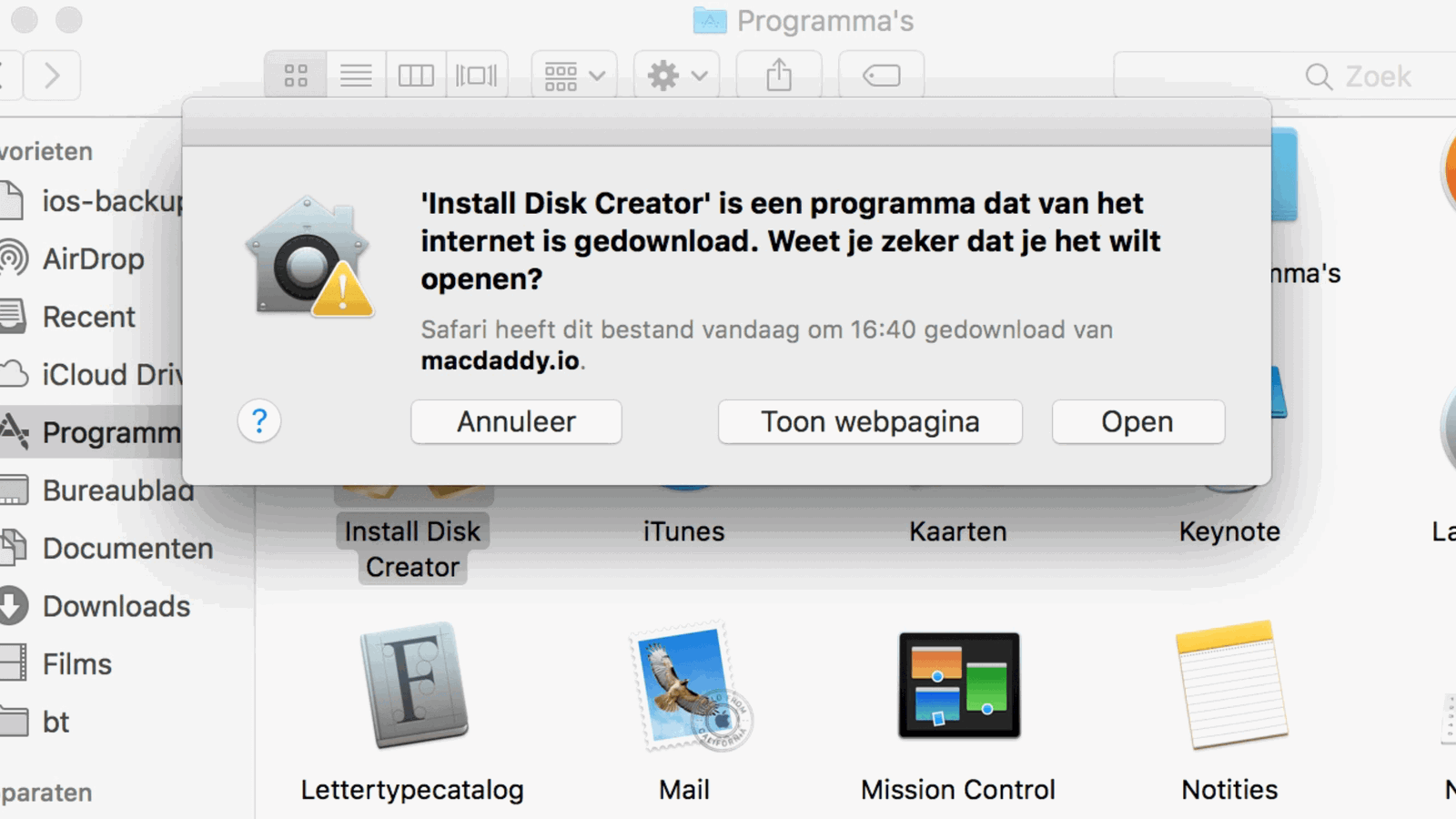 Omdat Install Disk Creator niet in de Mac App Store kan, zul je eerst een waarschuwing krijgen