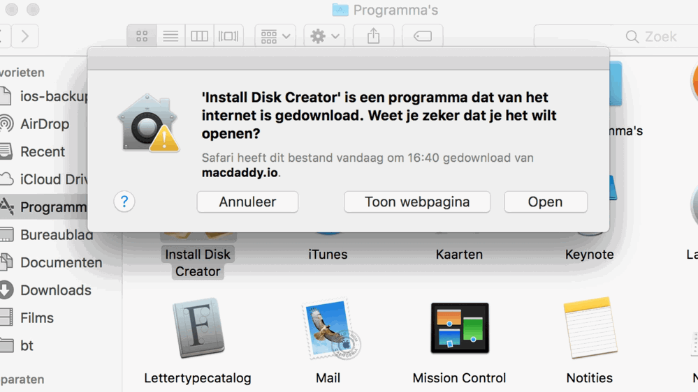 Omdat Install Disk Creator niet in de Mac App Store kan, zul je eerst een waarschuwing krijgen