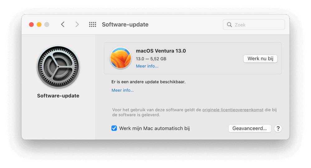 Nu is de update naar Ventura naar 13.0, maar later zul je hier bijvoorbeeld 13.1 zien