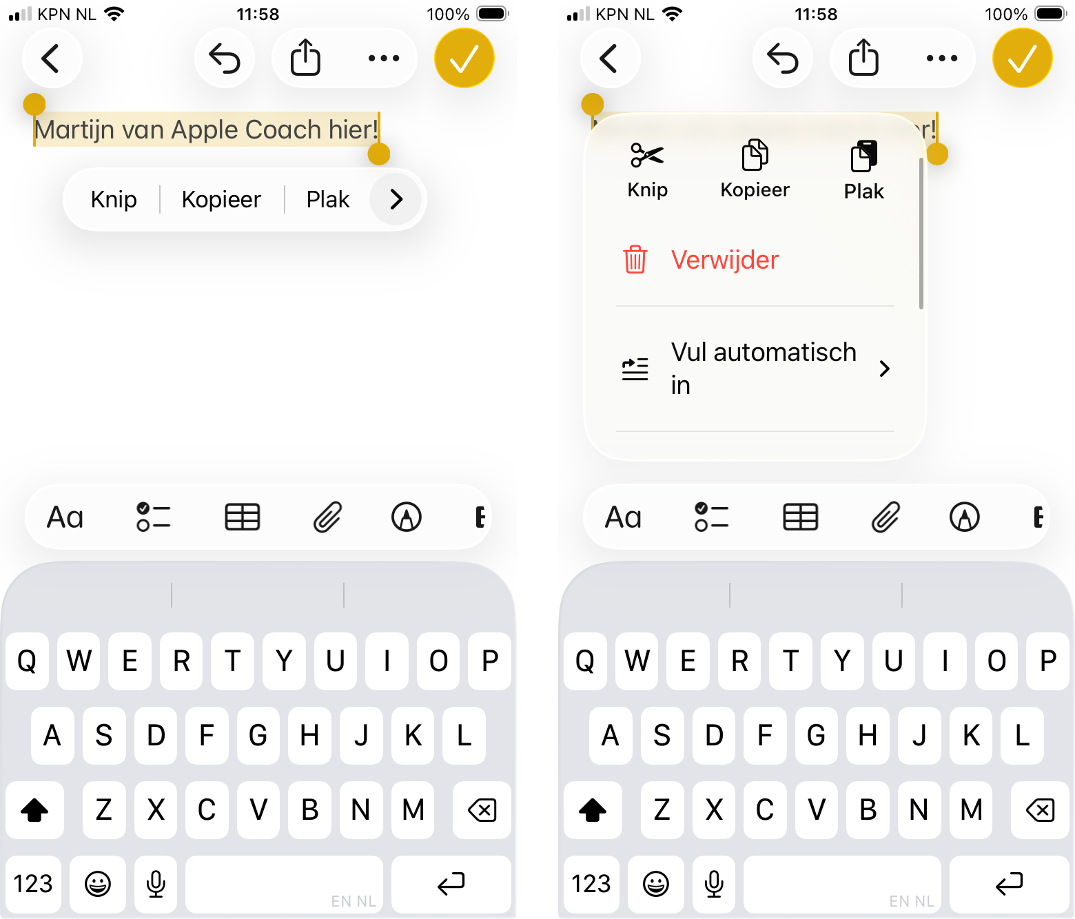 Het nieuwe menu bij tekst-selectie geeft de opties veel duidelijker en handiger aan