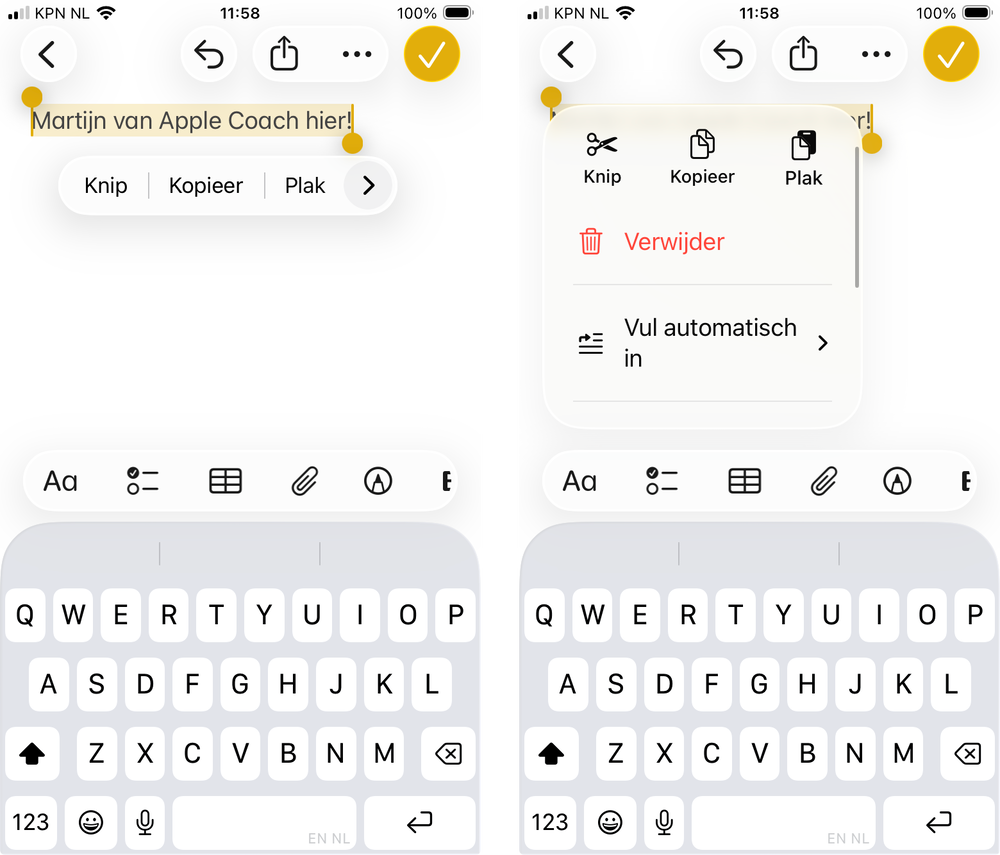 Het nieuwe menu bij tekst-selectie geeft de opties veel duidelijker en handiger aan