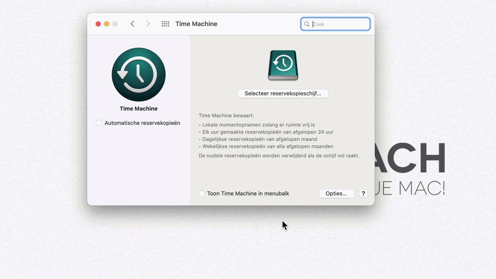 Time Machine voor het eerst instellen begint met het selecteren van je harde schijf