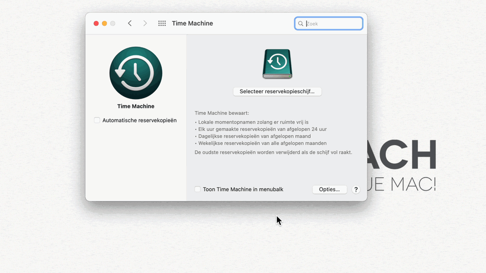 Time Machine voor het eerst instellen begint met het selecteren van je harde schijf