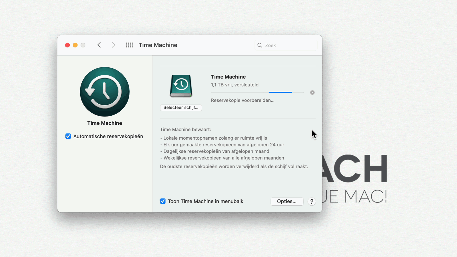 Je Time Machine status is onder andere te zien in de Systeemvoorkeuren