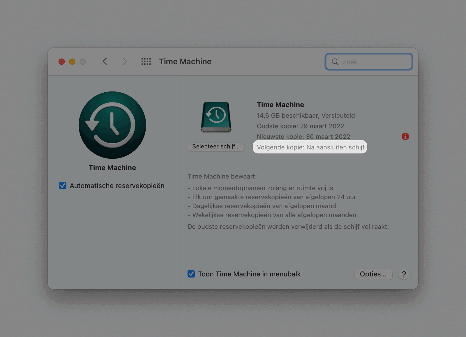 Je ziet hier een Mac waarbij de Time Machine schijf al een tijdje niet aangesloten is. In zo’n geval worden er dus geen backups gemaakt!