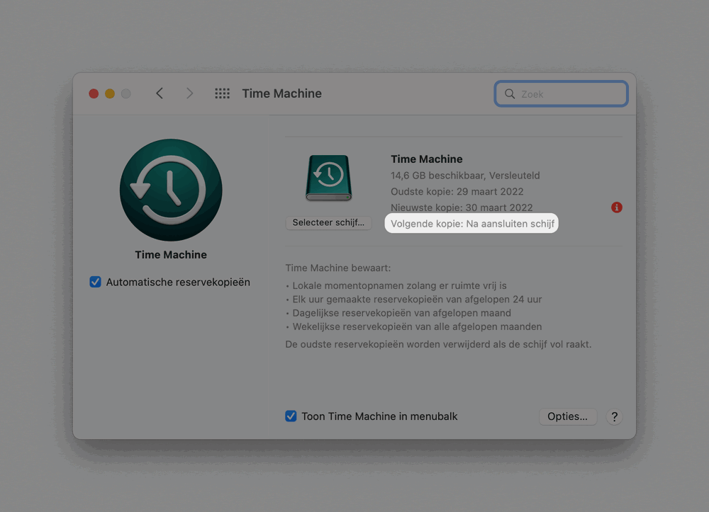 Je ziet hier een Mac waarbij de Time Machine schijf al een tijdje niet aangesloten is. In zo’n geval worden er dus geen backups gemaakt!