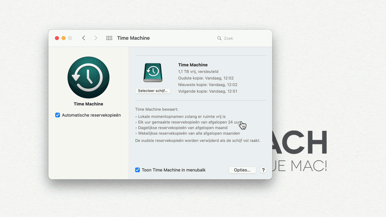 Time Machine is volledig ingericht, en heeft de eerste kopie voltooid