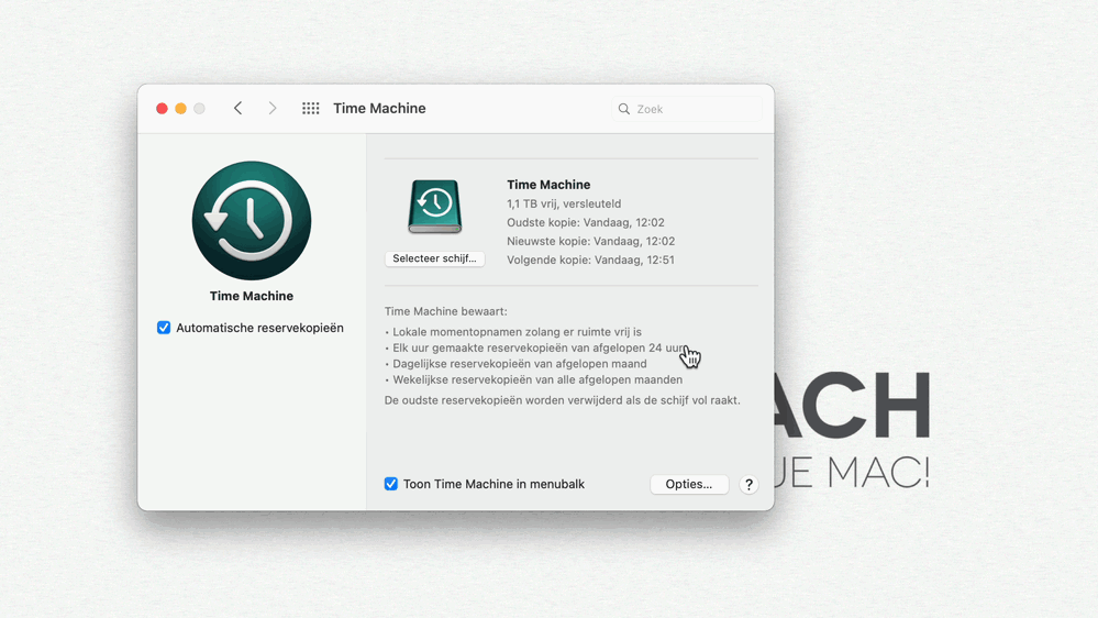 Time Machine is volledig ingericht, en heeft de eerste kopie voltooid