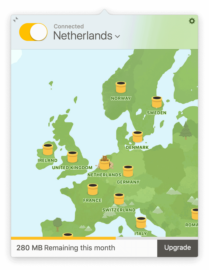 Je kunt in de Mac app van TunnelBear prima zien hoe veel data je nog over hebt voor deze maand