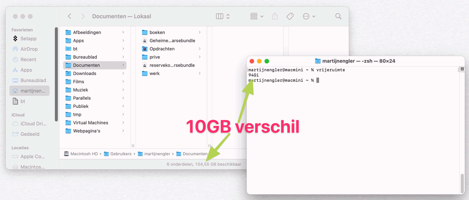 Je ziet hier zo’n 10GB verschil tussen Finder en Terminal