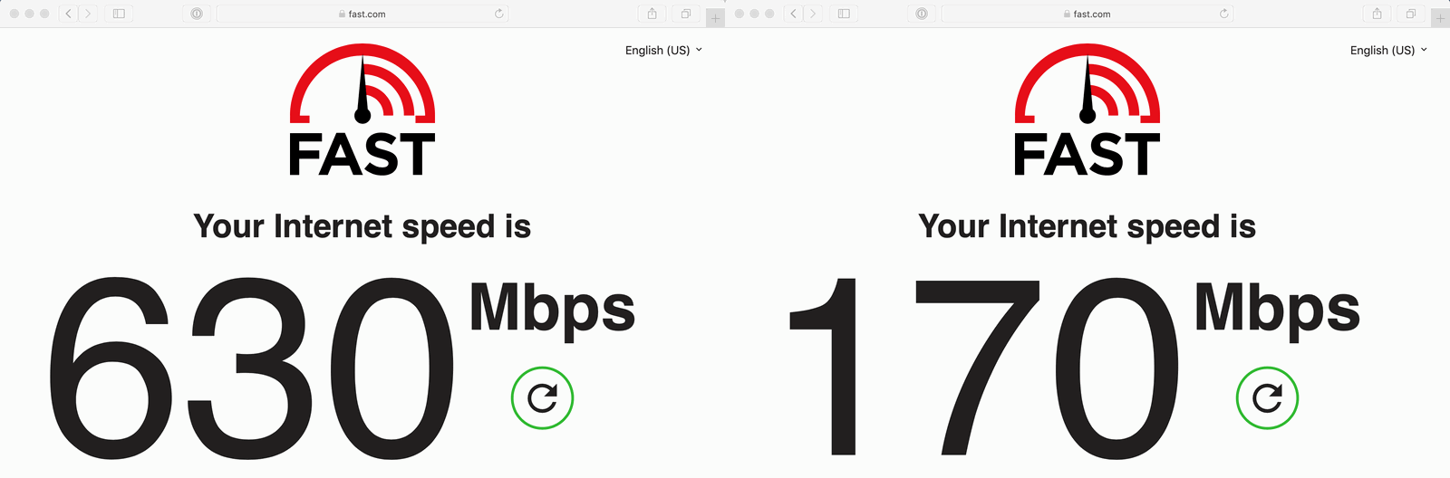 Twee internetsnelheden naast elkaar: de linker, zonder VPN, is 630Mbps. De rechter, met VPN is 170Mbps.