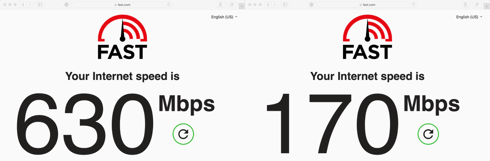 Twee internetsnelheden naast elkaar: de linker, zonder VPN, is 630Mbps. De rechter, met VPN is 170Mbps.