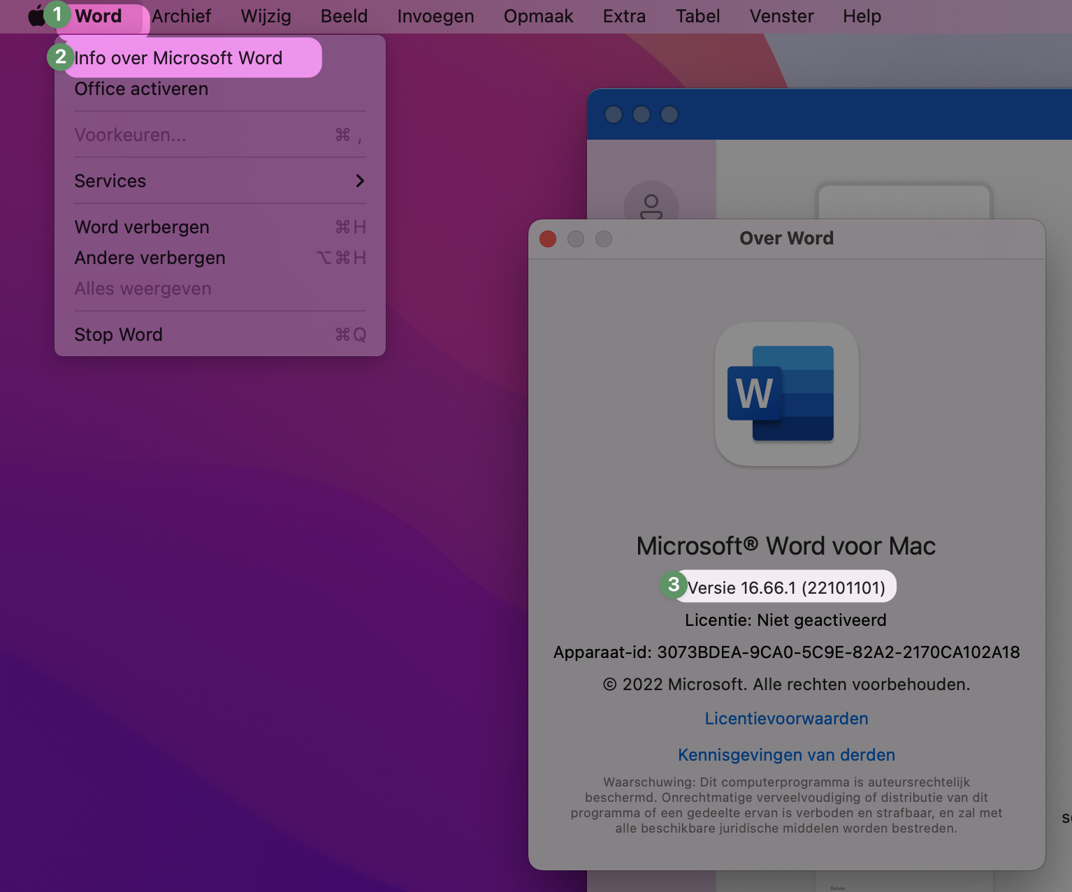 Zoek het versienummer van je Office op: hier 16.66.1