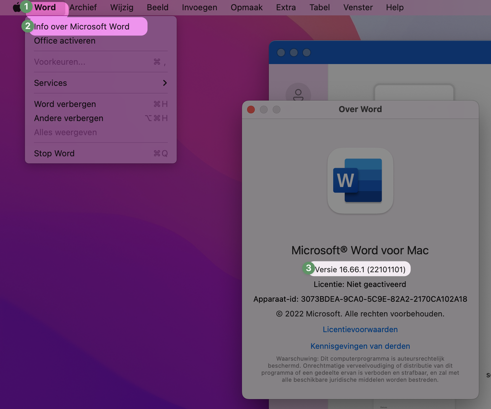 Zoek het versienummer van je Office op: hier 16.66.1